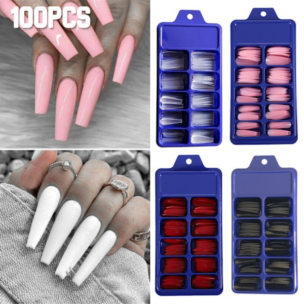 100 stk Lange Falske Negle Kunstige Nail Art Stick Fuld Negle Red