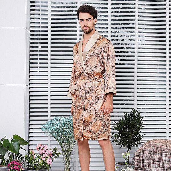 Lyxig Kimono Morgonrock Badrock Pyjamas Loungekläder i Satinsilke för Män Brun[ch] Brown 3XL