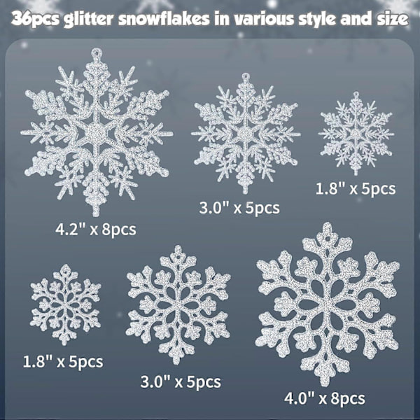 36-delt snøfnuggpynt til juletre - Hvit plastglitterdekor [JUN]