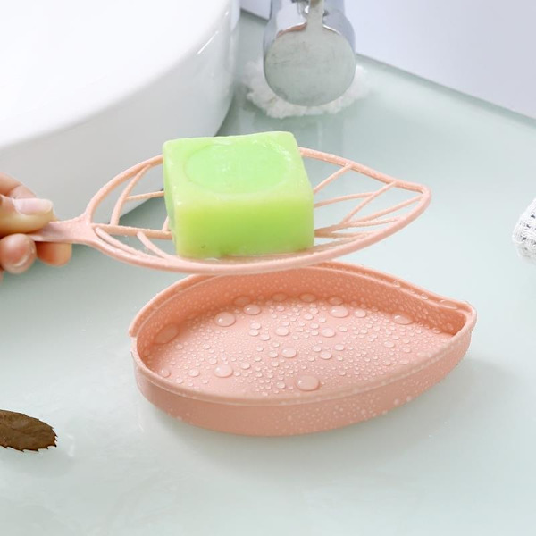 Tvålkopp, bladformad duschtvålhållare med dräneringsbricka pink