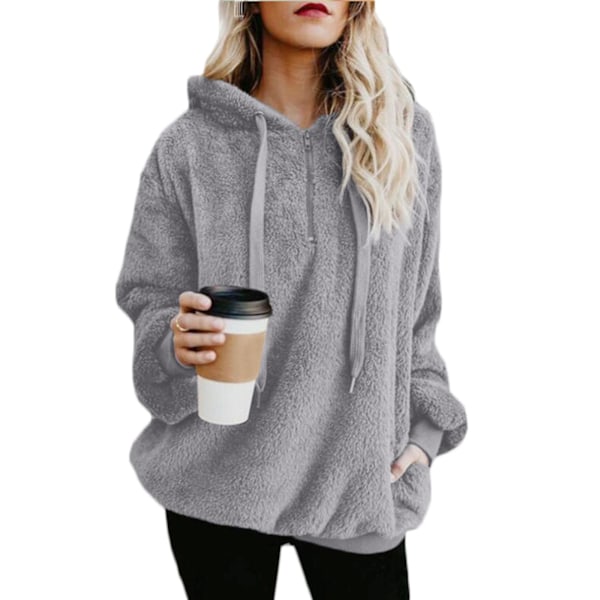 Blød og fluffy sweatshirt til kvinder, efterår og vinter, varm lynlås op hættetrøje pullover med L Light Grey