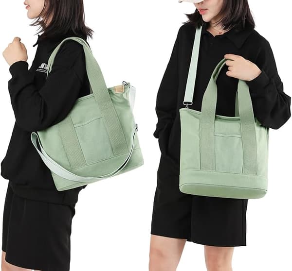Multifunktionel Tote Bag med Lynlås, Canvas Taske til Kvinder til Arbejde & Skole[JUN] Green - Medium