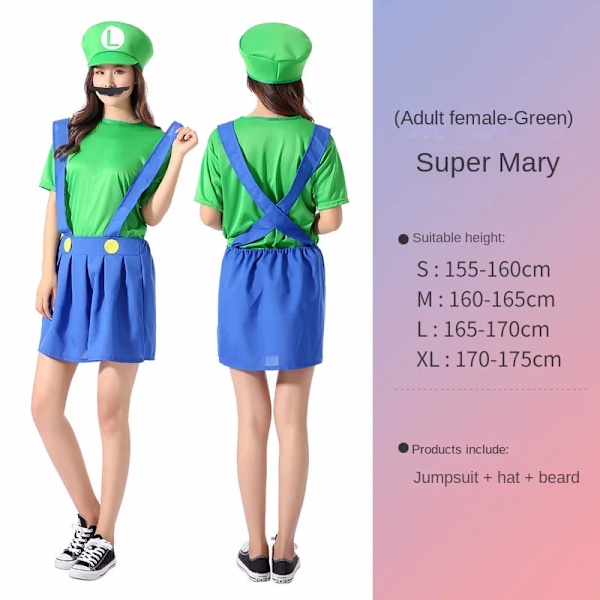 Mub- RS583 Børnetøj Mario Super Mario Kostumer Halloween Cosplay Anime Kostume Forældre-barn Rollespil Kostume Mario Voksen Kvinders Grøn Mario adult women's Green L