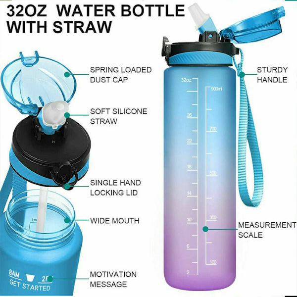 2-pack - 1 l vattenflaska med sugrör och timer Pink-Blue