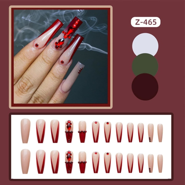 Burgundy French Tip Long Press on Nails with 3D Rhinestones Desi