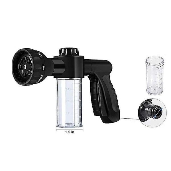 Multifunksjonell skumvannsprøytepistol for hageslange, for bilvask, hage/plenvanning, kjæledyrvask, svart