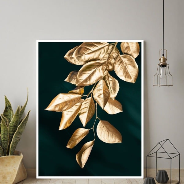 Set med 3 designaffischväggkonst, Forest Golden Leaves Palm