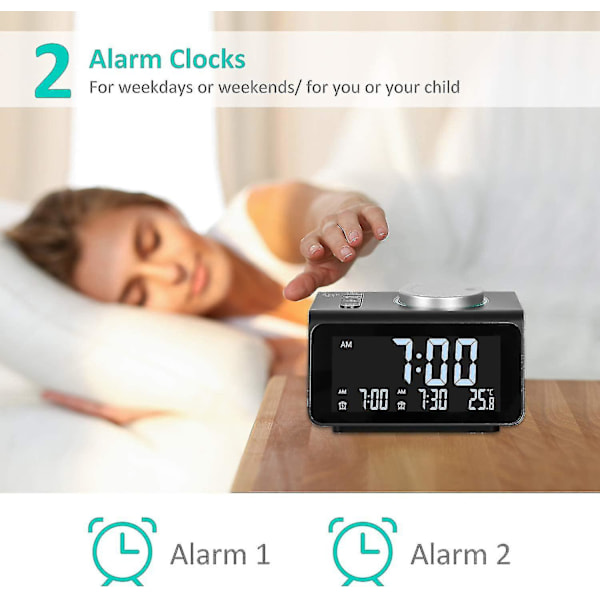 Dual clockradio, digitalt vækkeur med FM-radio, dobbelte USB-porte, 7 alarmlyde, 5 justerbare