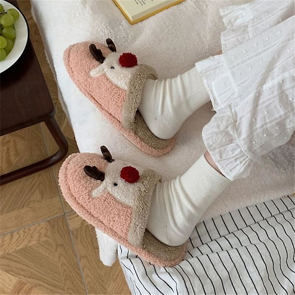 Joulutossut Rensa Naisille Miehille Pehmeät Plush Mukavat Lämpimät Fuzzy Tossut Punainen Hirvi Joulupukki Sisätiloissa Ulkona Liukastumattomat Kotitossut Joulu PINK PINK SIZE 36 TO 37