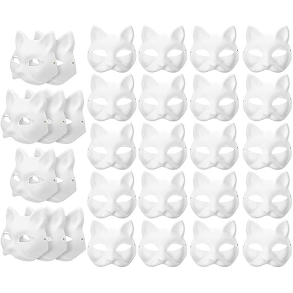30 stk. hvite kattemasker hvite revemasker dyre halvansiktsmaskerade masker papir umalt tom DIY Halloweenmaske for maskerade cosplayfest [L] 30pcs