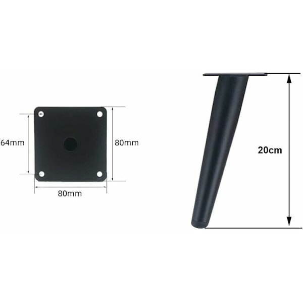 Snedtstillede bordben, skabsben i metal, koniske møbelben, rustfrit stål (20 cm høje, sortlakerede)