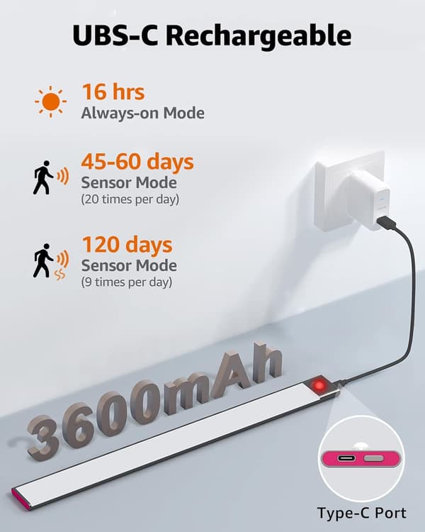 USB Oppladbar LED-lampe for underskap 40 cm med bevegelsessensor og dimmefunksjon