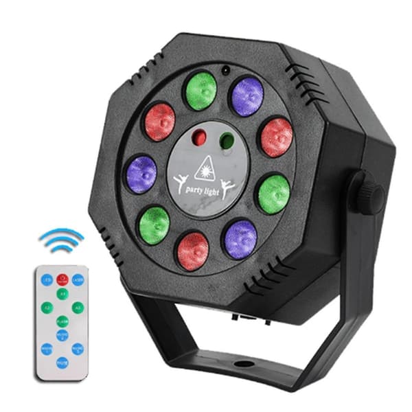 9-LED RGB Disco Party Lys Projektor med Laser, Strobe & Flash Effekter