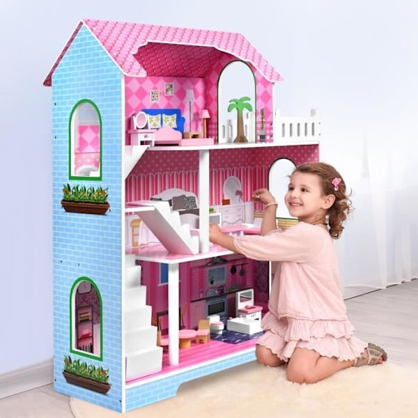 UISEBRT 3-kerroksinen Barbie-nukkekoti puusta, suuri nukketalo huonekaluilla ja tarvikkeilla (70 x 36 x 100 cm) ros + blå