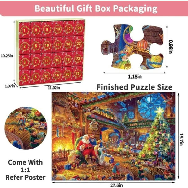 Puzzle Julekalender 2024, 1008 puslespilsbrikker 24 dages jule nedtællings julekalendere
