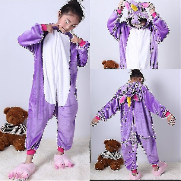 Barn Onesie Flanell Pyjamas Tegneserie Dyr Figur Kostyme med Hettelue Vinter Hjem Kostyme Purple Pegasus