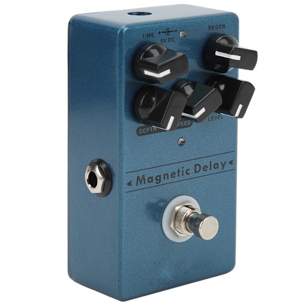 Delay-effektpedal i metall, mörkblå, magnetiska ekon, delay-pedaler med tid, djup och hastighetsrattar