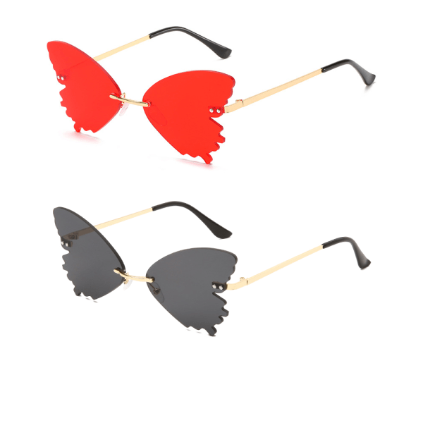 2-delad fjärilssolglasögon utan bågar Oversized glasögon metallram solglasögon för män och kvinnor (röd + grå)