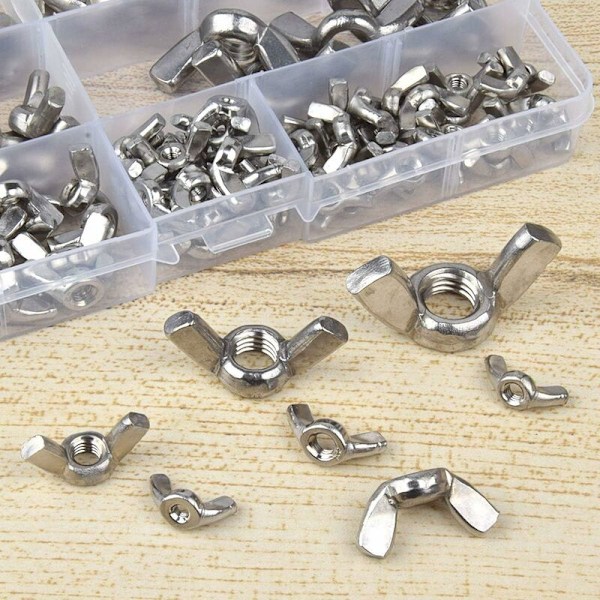 Vingmuttere, 100 stk rustfritt stål metrisk gjenger M3 M4 M5 M6 M8 M10 M12 Butterfly Wing Nuts Sortimentsett for DIY-verktøy