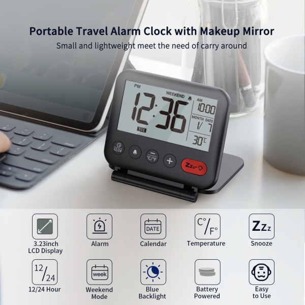 Reseväckarklocka Mini Bärbar LCD Digital klocka med kalender