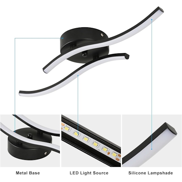 Moderne LED-taklampe, 14W 1400LM, svart, akryl innendørsbelysning, 6500K kaldhvit, for soverom, stue