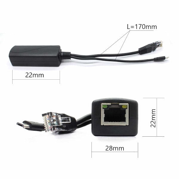 2-pack Gigabit PoE-splitter, 48V till 5V 2.4A Micro USB Ethernet-adapter, fungerar med Raspberry Pi 3B+, IP-kamera och mer