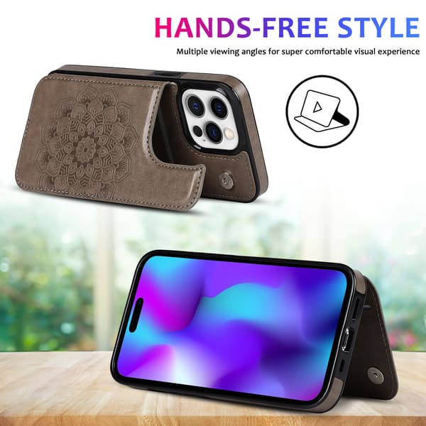 Blomstret magnetisk lommebokveske med kortholder for iPhone 17 Pro Max, Brun[JUN] iPhone 17 Pro Max brwon