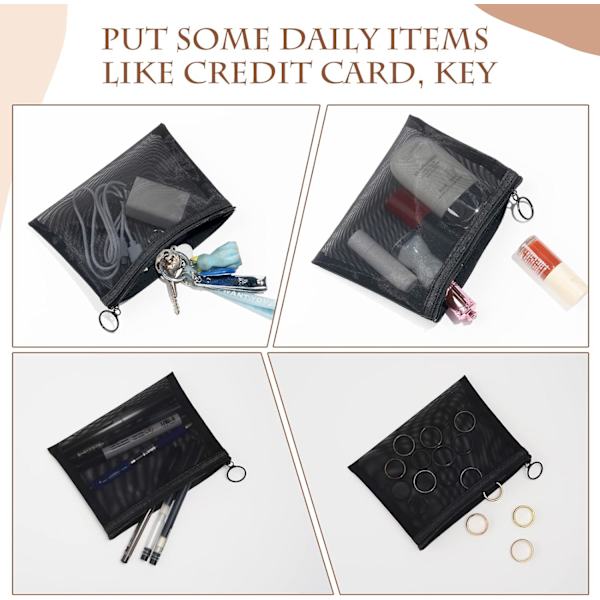 4 stycken Mini dragkedja Toalettväska Organiseringspåse i mesh , svart nylon Vattentät liten handväska Kosmetik