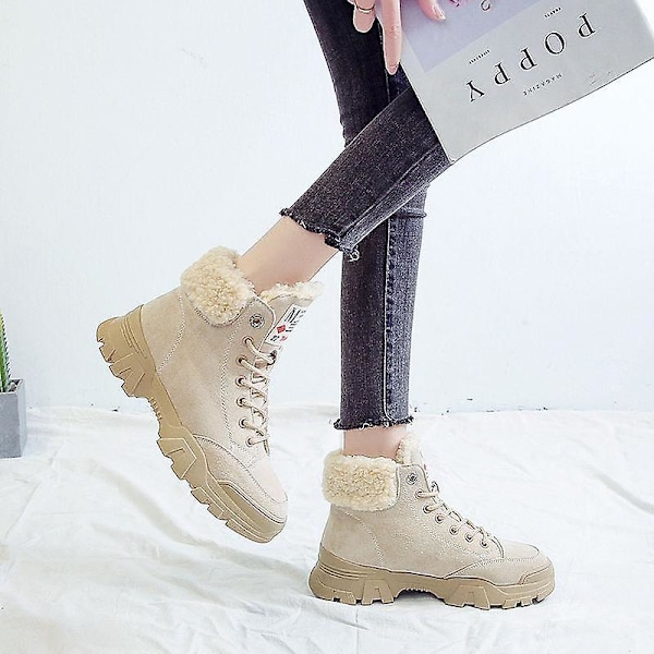 Dames Varm Pels Casual Tyk Sål Snørebånd Vinterstøvler Beige Beige 8