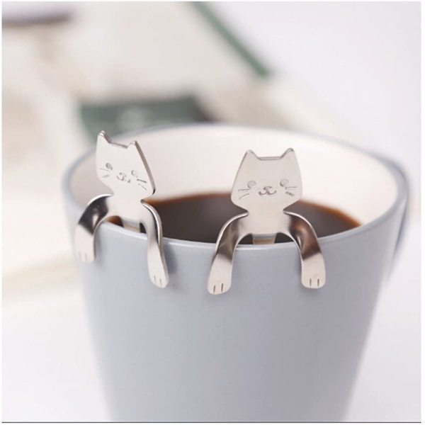 Mini kaffe-skjeer i rustfritt stål med kattemotiv, 4 stk, til te, suppe og sukker
