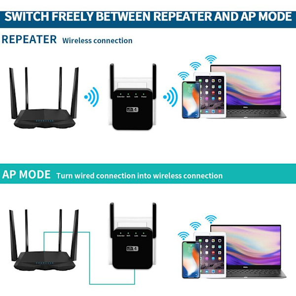 Musta eurooppalainen WiFi-laajennin, käytännöllinen pistokkeellinen langaton signaalinvahvistin,