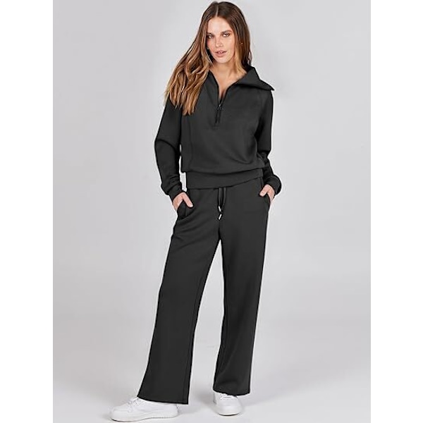 Dam 2-delt Træningsdragt Sæt, Rummelig Loungewear, Sporingsdragt Sort Black 2XL