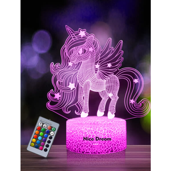 Unicorn Night Light för barn, 3D Night Light, 16 färgvariationer