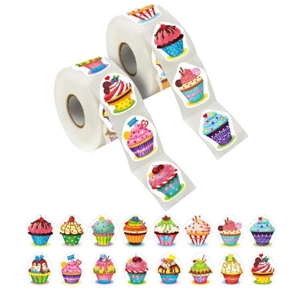 2 rullar Cupcake Stickers Sticker Roll Självhäftande