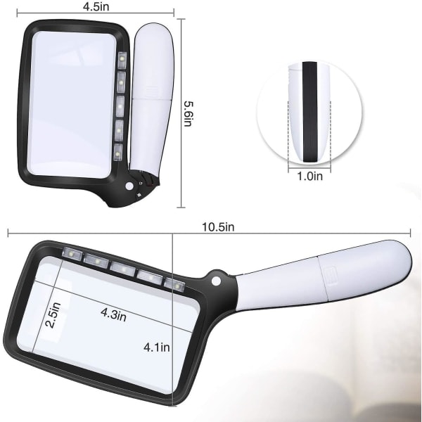 Rektangulært læseforstørrelsesglas med 5 LED-pærer, 2 intensitetsindstillinger og 2x forstørrelse