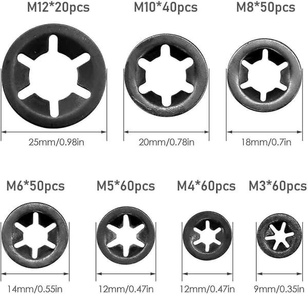 340 st Låsbrickssats, Starlock M3 M4 M5 M6 M8 M10 M12 Låsringar (7 storlekar) [JUN]
