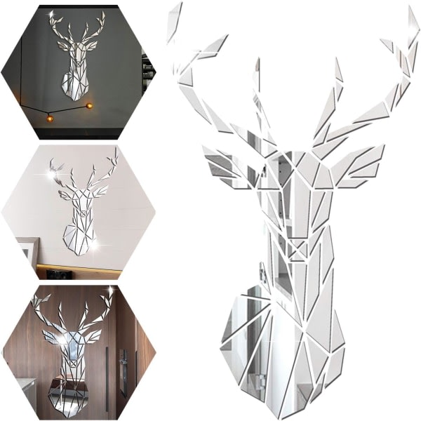 DIY 3D Deer Mirror Väggdekal, för vardagsrum, Akryl Hjort Väggdekaler Sovrum TV Soffa Bakgrund Väggkonst (86 * 51 cm, Silver)