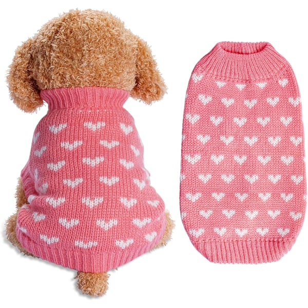 Håndstrikket Hundegenser med Hjerte, Valpesweater, Varm og Myk Kjæledyrgenser til Små Katter og Hunder (Rosa, L) Pink L