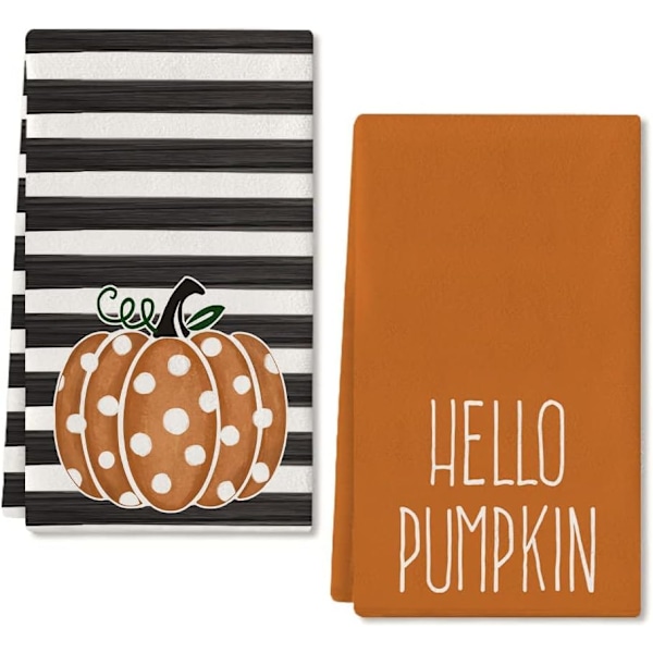 Pumpkin Fall Kitchen Towels Set of 2,Orange Polka dot Stripes Autumn Dish Towels 18x26 Inch