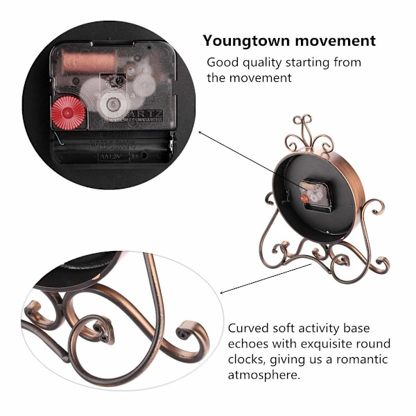 Bordsur 28 cm Höjd Tyst Icke Tickande Romersk Retro Art Skrivbordsklocka för Vardagsrum Sovrum Kontor(Koppar)