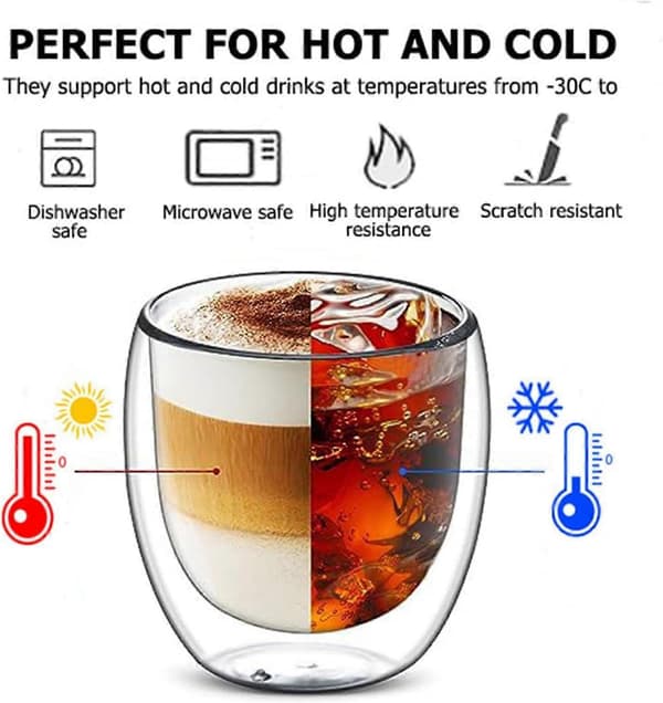 6 dobbeltvæggede glaskrus, transparente kaffekopper til cappuccino, latte, isolerede (80 ml) - Kompatible med AD5[JUN]