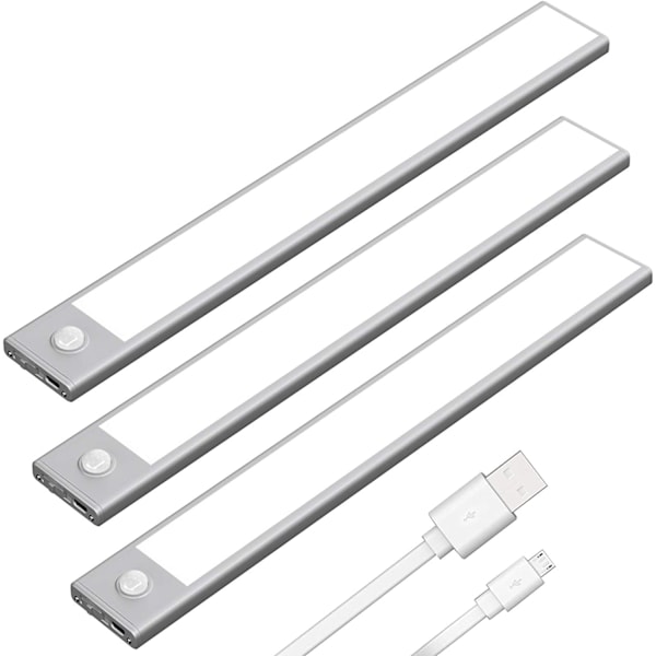 Under-skåpsbelysning med rörelsesensor, USB-C laddningsbar LED-garderobslampa, batteridriven trådlös magnetisk ljusremsa för kök (Vit, 3-pack)