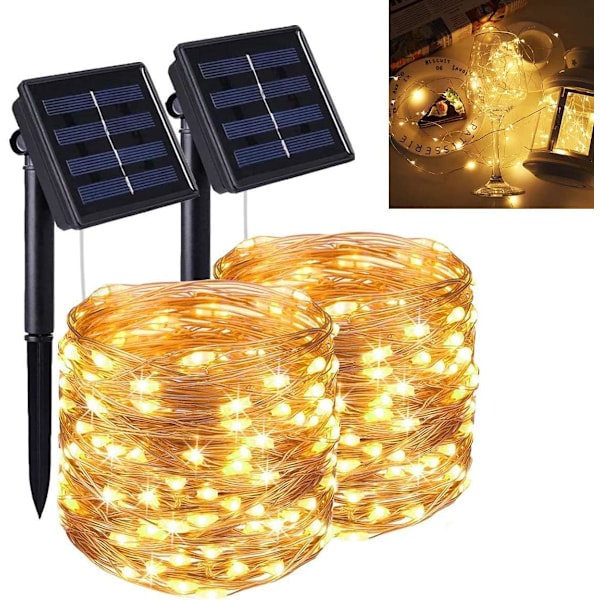 Solcelledrevne Lyslenker Utomhus, [2-pakning] 12M 100 LED Solcelledrevne Lyslenker, 8 Moduser Vanntett Kobbertråd Dekorasjonslys, for Hage, Balkong, Terrasse