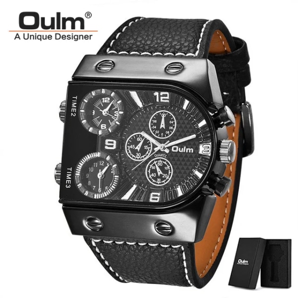 Oulm Klokker Herre Quartz Casual Lærarmbånd Armbåndsur Sport Multi-Time Zone Militær Mann Klokke erkek saat Drop C3(with box)