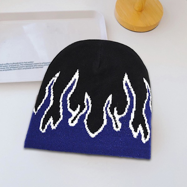 Stickad mössa med flammönster för män, tjock varm mössa med öronskydd Blue