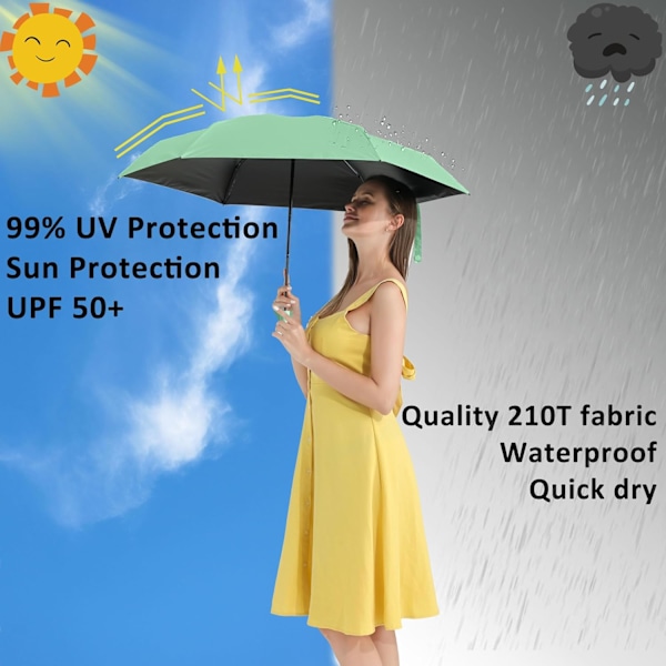 Kannettava UV-aurinkovarjo - musta pinnoite, kompakti 5-osainen, taskukokoinen, suojaa auringolta ja sateelta Mint Green
