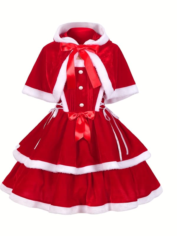 Julekjole med avtakbar hettekappe og sløyfe for festcosplay L Red