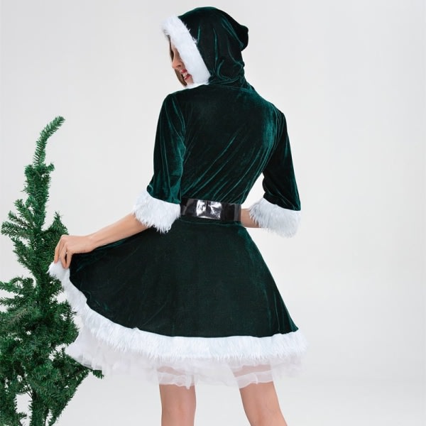 Rouva Claus -setti joulu cosplay samettihupullinen mekko alushameella (vihreä M)