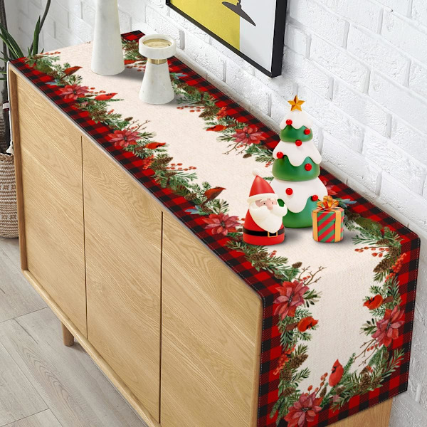 Jul Kardinal Bordløber Buffalo Plaid Check Poinsettia Holly Xmas Vinterferie Køkken Spisestue Hjem Dekorationer (13\" x 72\")