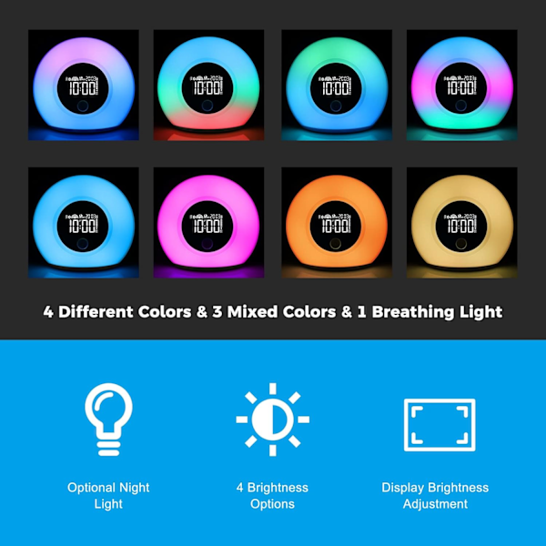 Vækkeur med lys og Bluetooth-højttaler, børnevækkeur med 4 lysstyrkeniveauer og farverigt lys